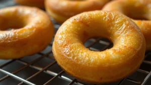 Close-up of golden-brown mochi donuts cooling on a wire rack with steam rising, showing the crispy exterior texture and characteristic ring shape