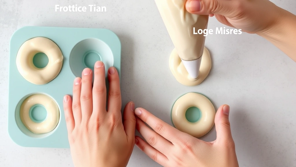 Hands piping pale mochi donut batter into a silicone donut mold, batter visible in piping bag with large round tip