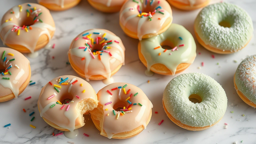 Finished glazed mochi donuts arranged on a marble surface with vanilla glaze dripping, topped with rainbow sprinkles and matcha powder dusted donuts nearby
