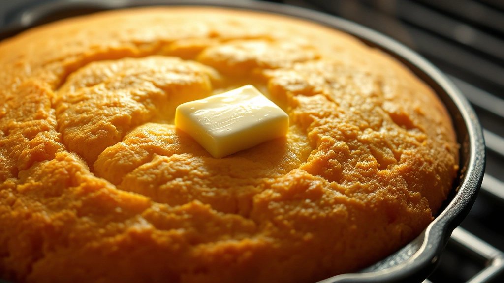 Golden-brown cornbread loaf in cast iron skillet, fresh from oven, steam rising, close-up showing moist tender crumb texture with butter melting on top