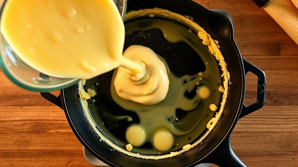 Overhead shot of cornbread batter being poured into preheated cast iron skillet with melted butter, ready for baking, warm kitchen lighting