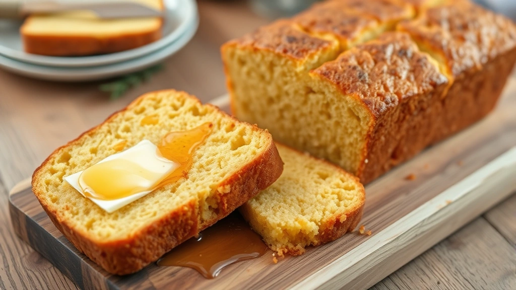 Sliced warm cornbread on wooden board with melting butter and honey drizzle, crumbly moist texture visible, rustic farmhouse table setting