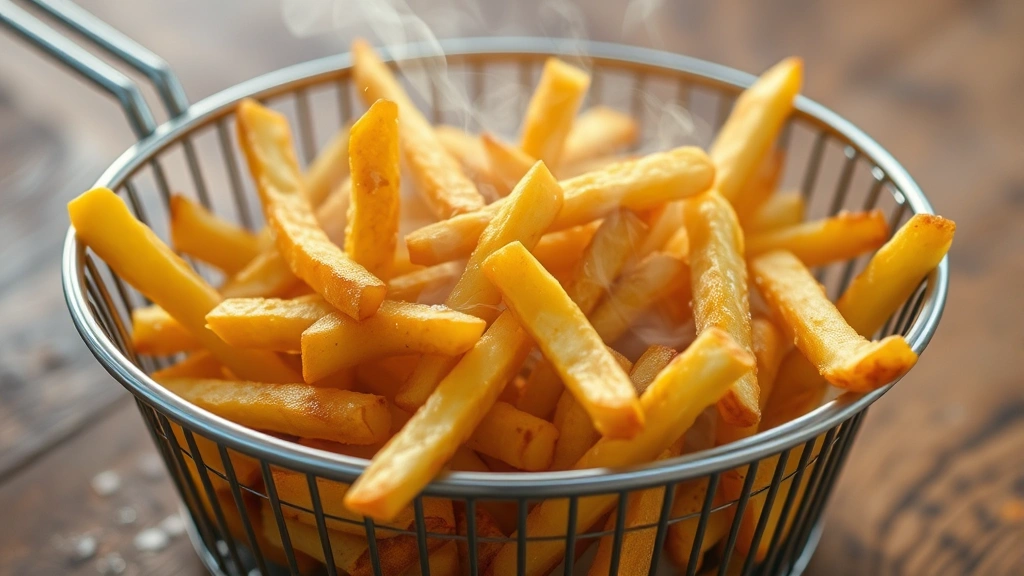 Golden-brown crispy fries in a stainless steel basket, steam rising, photographed from above with natural lighting showing the crispy texture and golden color