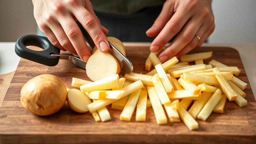 Hands holding a mandoline slicer cutting raw russet potatoes into uniform fries over a cutting board, showing proper technique and consistent sizing