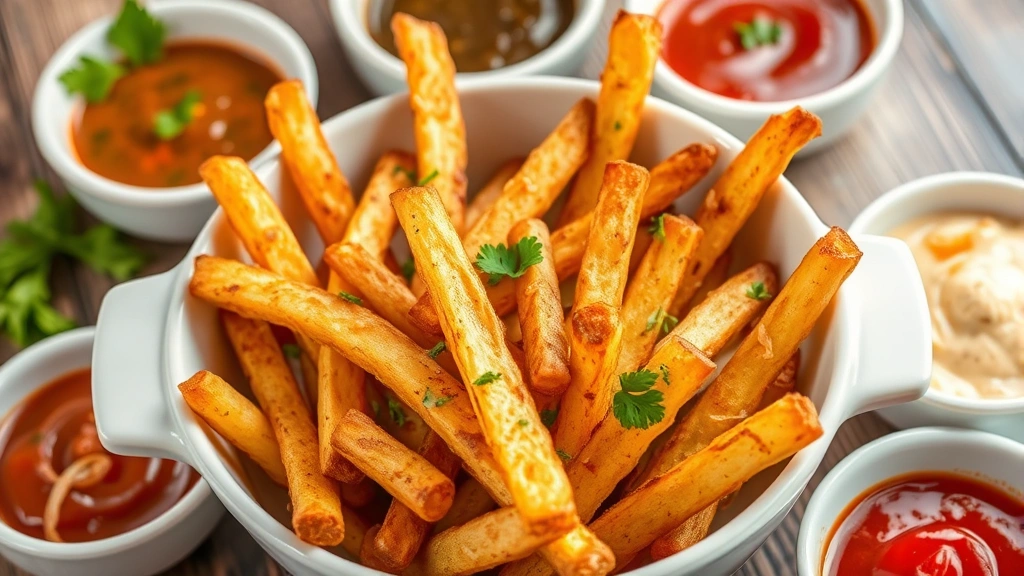 Finished air fryer fries served in a white ceramic bowl with various dipping sauces in small bowls nearby, garnished with fresh herbs, appetizing golden-brown color