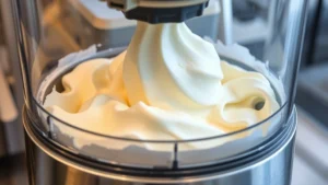Creamy vanilla ice cream being processed in a Ninja Creami machine, showing the frozen mixture being shaved into smooth soft-serve texture, stainless steel machine with container visible