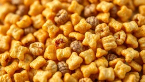 Close-up of golden-brown Chex Mix cereal with butter-coated pieces glistening, mixed nuts visible, shallow depth of field showing crispy texture detail