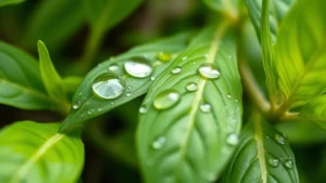 Close-up of vibrant fresh Thai holy basil leaves with water droplets, showing the distinctive narrow green foliage and delicate texture in natural daylight, shallow depth of field