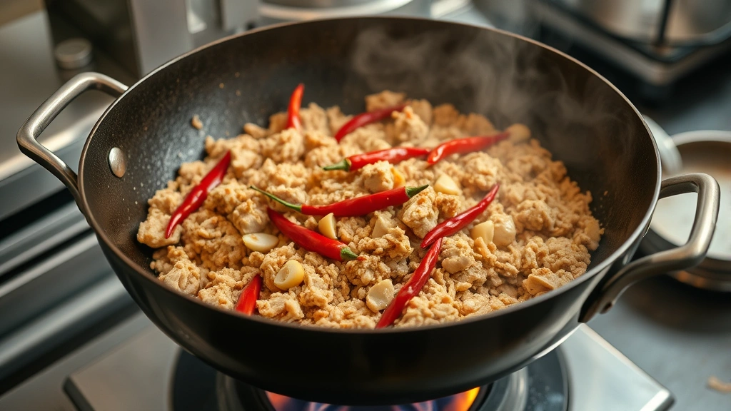 Overhead shot of a sizzling wok filled with ground chicken, red chilies, and garlic mid-stir-fry, steam rising, flames visible below the wok, professional kitchen setting