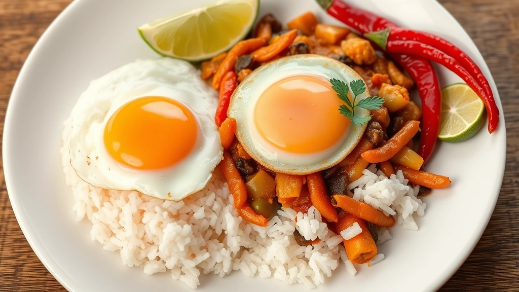 Plated pad kra pao with jasmine rice and sunny-side-up fried egg, fresh lime wedge and sliced Thai chilies on the side, traditional Thai presentation on white ceramic plate