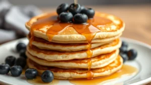 Stack of three golden-brown fluffy pancakes with steam rising, topped with fresh blueberries and maple syrup drizzle on white plate