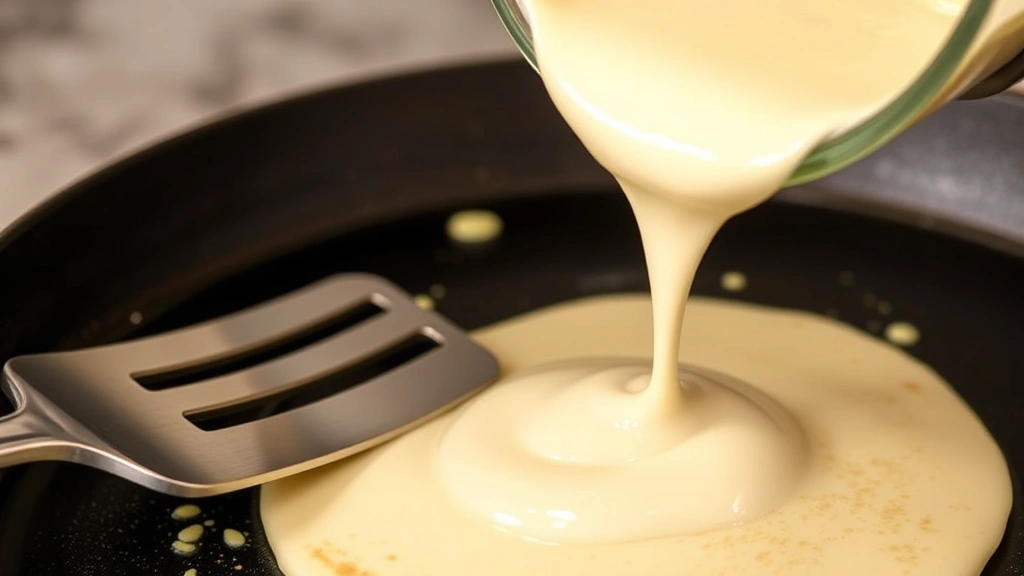 Close-up of pancake batter being poured onto hot buttered griddle with spatula nearby, showing proper consistency and cooking setup