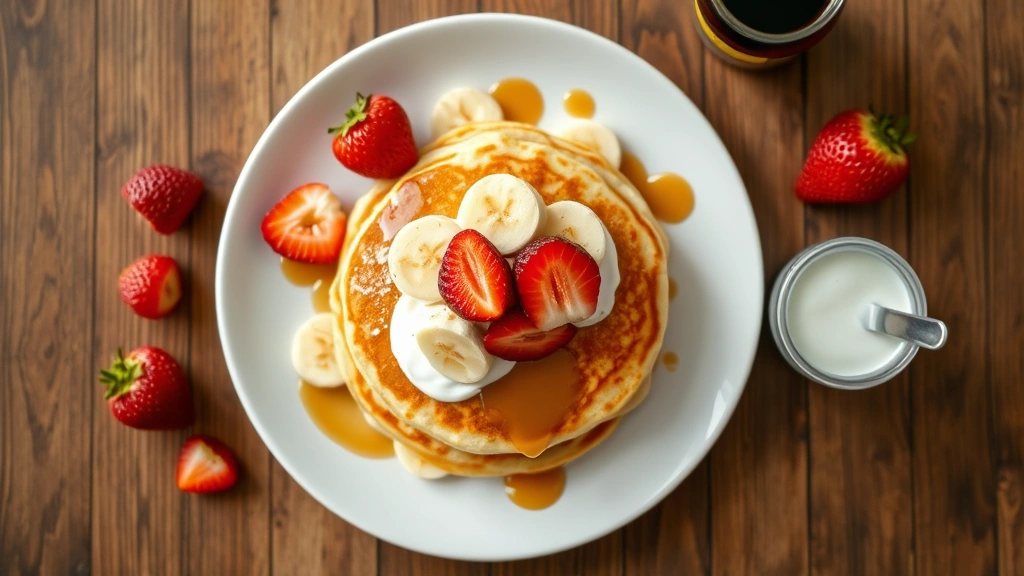 Overhead shot of finished eggless pancakes on plate with toppings: fresh strawberries, bananas, coconut yogurt, and honey drizzle on wooden table