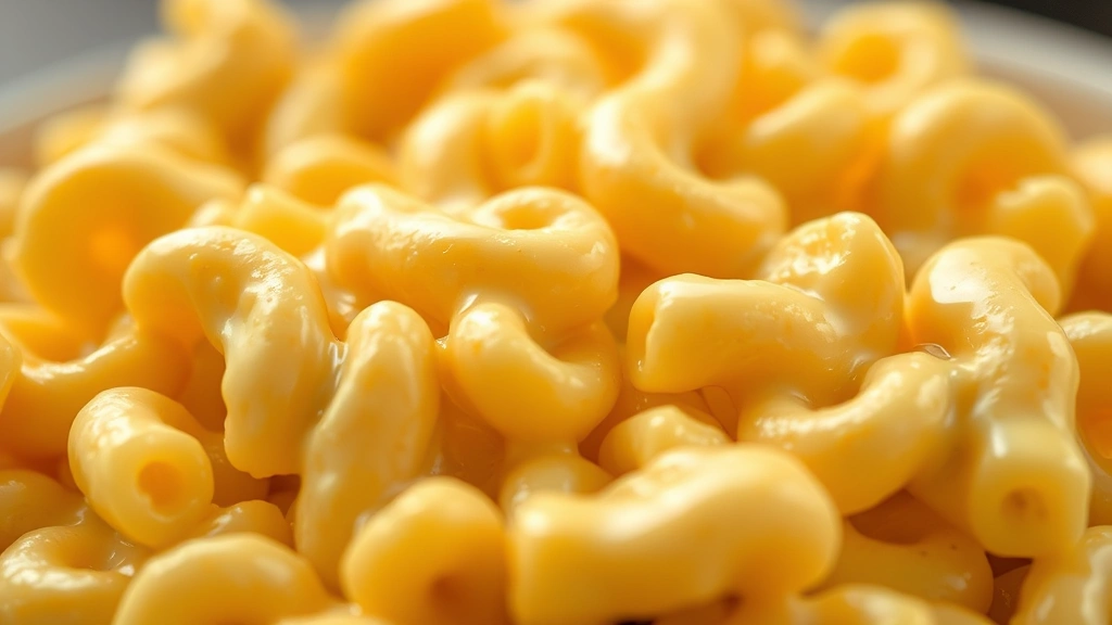 Close-up of creamy cheese sauce coating elbow macaroni pasta, golden and luxurious, steam rising, shallow depth of field showing rich texture and glossy coating