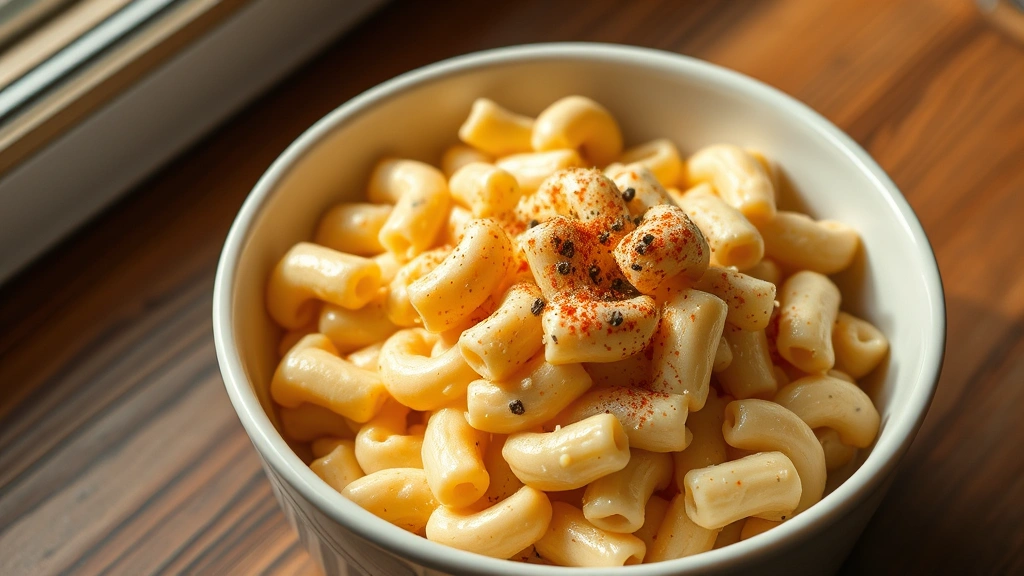 Finished mac and cheese dish served in a white ceramic bowl, creamy sauce clinging to pasta, photographed from above with natural window lighting, garnished with fresh black pepper and paprika sprinkle