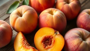 Close-up of fresh ripe peaches with fuzzy skin, some cut in half showing orange flesh and pit, arranged on rustic wooden surface with morning light