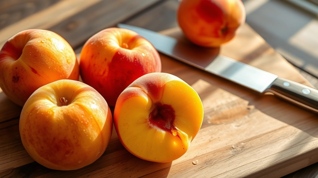 Golden-ripe fresh peaches with water droplets on a wooden cutting board next to a sharp knife, soft morning sunlight streaming across rustic wooden surface