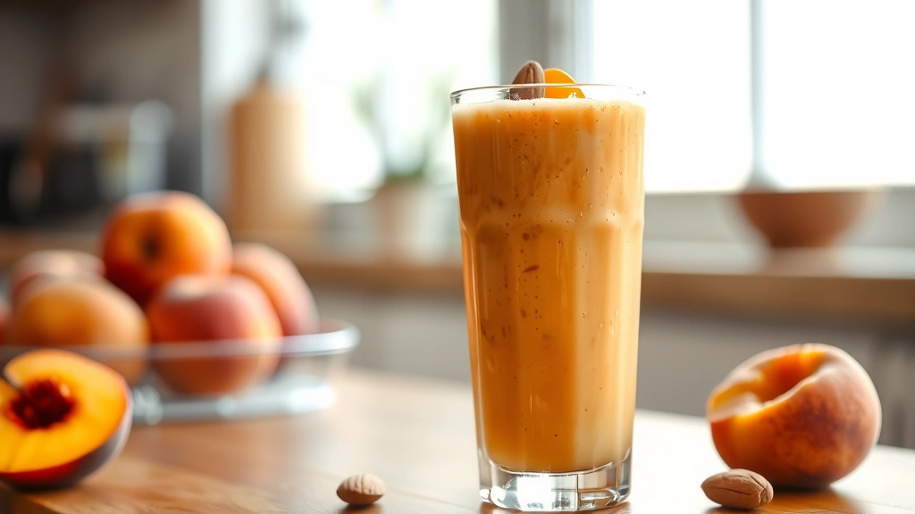 Vibrant peach smoothie in a tall clear glass showing creamy peachy-orange color with smooth texture, garnished with fresh peach slice and almond on the rim, photographed against bright kitchen window
