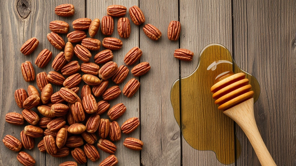 Overhead shot of whole pecans scattered on weathered wooden surface with honey drizzled nearby, warm natural lighting, artisanal presentation