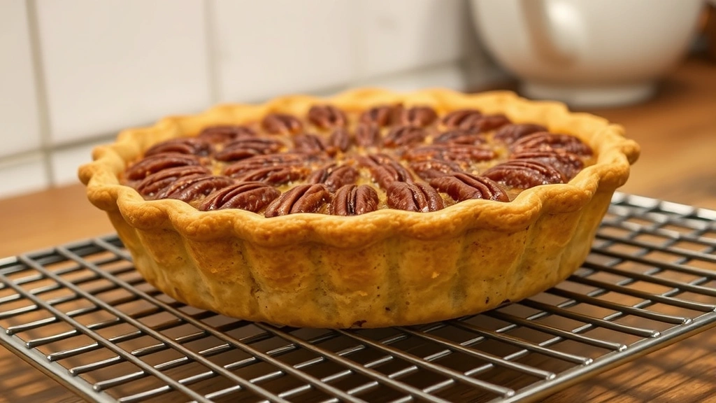 Golden-brown baked pecan pie cooling on wire rack in rustic kitchen, steam rising slightly, side view showing filling texture with pecans visible