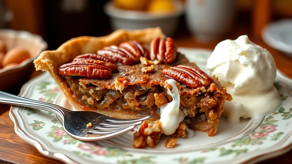 Freshly sliced pecan pie on vintage plate with vanilla ice cream melting on side, fork resting on plate, warm kitchen ambiance with soft focus background