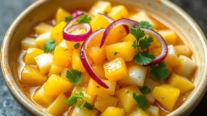 Fresh diced white fish cubes glistening with lime juice and ají amarillo paste, vibrant golden-yellow color, garnished with thinly sliced red onion and fresh cilantro leaves, shallow ceramic bowl, professional food photography lighting, wet ingredients, appetizing presentation