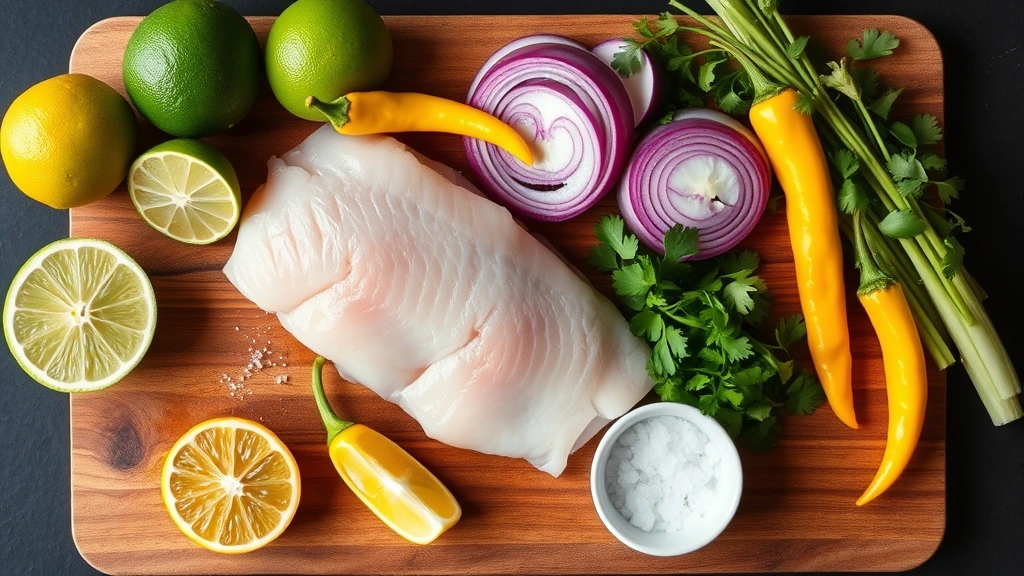 Overhead flat lay of ceviche ingredients arranged artfully: whole fresh limes, red onion slices, yellow ají amarillo peppers, fresh cilantro bundles, raw fish fillet, sea salt in small bowl, wooden cutting board, natural daylight, food styling, culinary composition