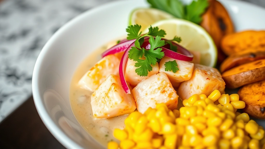 Plated Peruvian ceviche in white bowl with golden fish pieces, tiger's milk broth visible, topped with cilantro and red onion, accompanied by toasted corn kernels and sliced sweet potato on the side, lime wedge garnish, professional restaurant plating, appetizing food photography