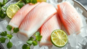 Fresh raw mahi-mahi fish fillets on ice with lime wedges and fresh cilantro bundles, bright natural lighting showing glistening seafood textures