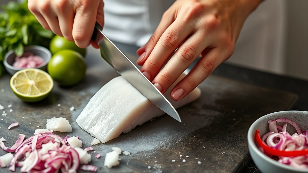 Hands carefully cubing sushi-grade white fish with sharp knife on cutting board, with fresh limes and red onions nearby, showing precise culinary technique