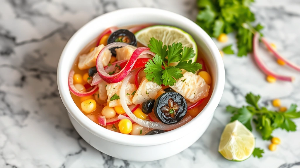 Finished authentic Peruvian ceviche in white ceramic bowl with opaque cured fish, thinly sliced red onions, fresh cilantro garnish, lime wedge, and corn kernels, served on marble surface