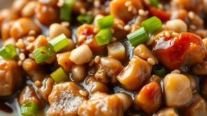 Close-up of glistening ground chicken and mushroom filling with water chestnuts, glossy brown sauce coating, steam rising, garnished with green onions and sesame seeds, warm lighting, professional food photography
