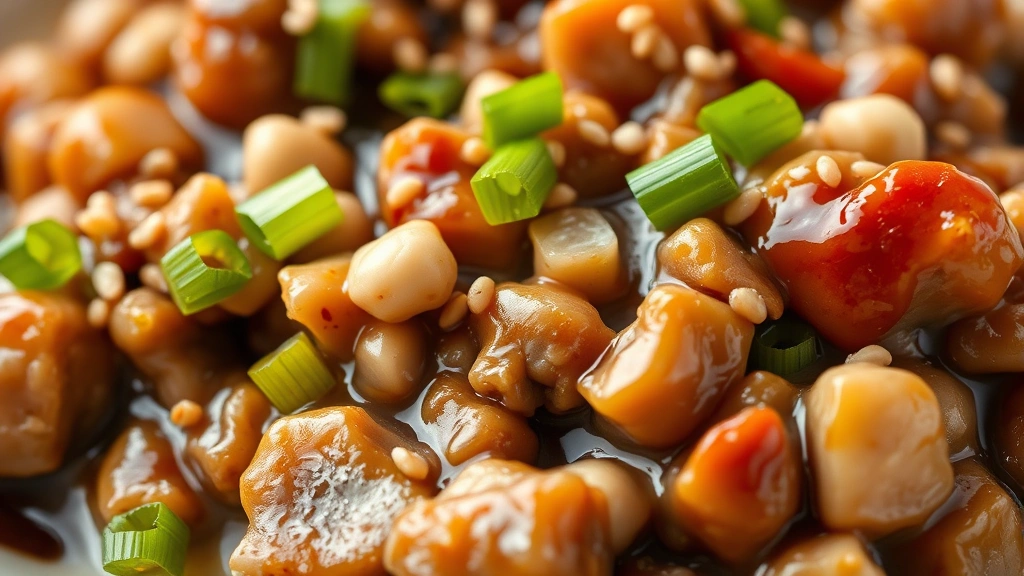 Close-up of glistening ground chicken and mushroom filling with water chestnuts, glossy brown sauce coating, steam rising, garnished with green onions and sesame seeds, warm lighting, professional food photography