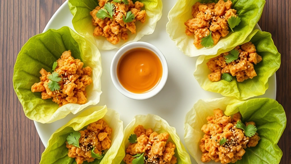 Overhead flat lay of assembled lettuce wraps on white ceramic plate, butter lettuce leaves filled with golden-brown chicken mixture, topped with fresh cilantro and sesame seeds, side of sauce in small white bowl, natural daylight