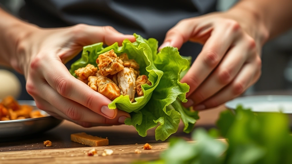 Action shot of hands wrapping lettuce around savory chicken filling, showing proper assembly technique, crisp lettuce leaf in focus, warm filling visible inside, professional kitchen setting, shallow depth of field