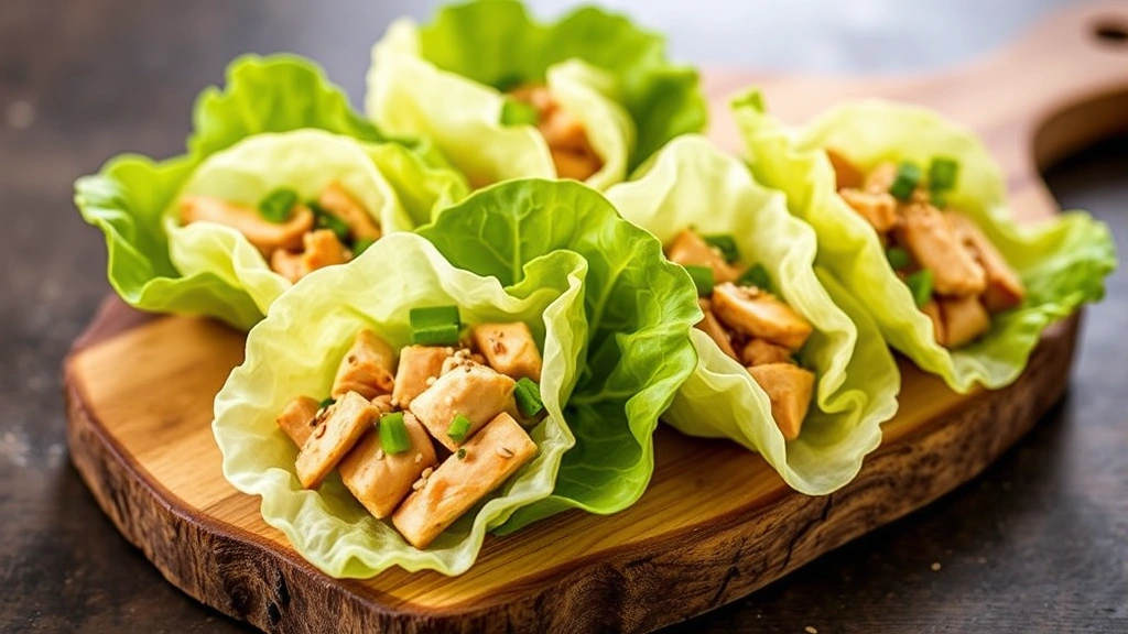 Beautifully plated lettuce wrap appetizers on a rustic wooden board showing cross-section of filled wrap with visible chicken filling, water chestnuts, and green onions, garnished with sesame seeds and cilantro