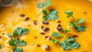 Close-up of vibrant, steaming curry pot with golden-yellow turmeric sauce, fresh cilantro garnish, and visible spices floating on surface, professional food photography