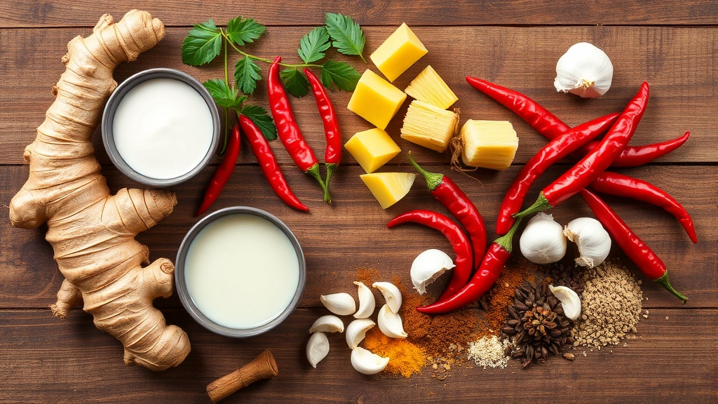 Overhead flat lay of curry ingredients arranged artfully: fresh ginger root, red chilies, coconut milk, lemongrass, garlic cloves, and dried spices on wooden surface with natural lighting