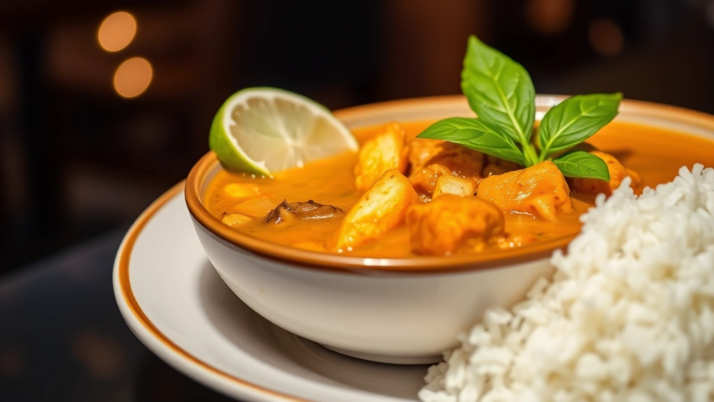 Beautifully plated curry dish served in ceramic bowl with jasmine rice on the side, garnished with lime wedge and fresh basil, restaurant-quality presentation with warm ambient lighting