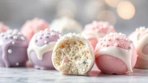 Close-up of pastel purple, blue, and pink cream cheese puffball bites coated in white chocolate and pearl dust, arranged on a marble surface with soft lighting and blurred bokeh background