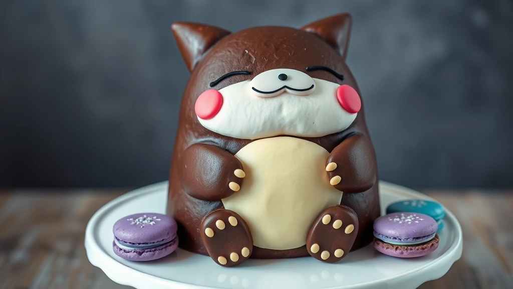 Adorable chocolate cake decorated as Snorlax with closed eyes and peaceful expression, cream-colored fondant belly, on a white cake stand with purple and blue macarons nearby