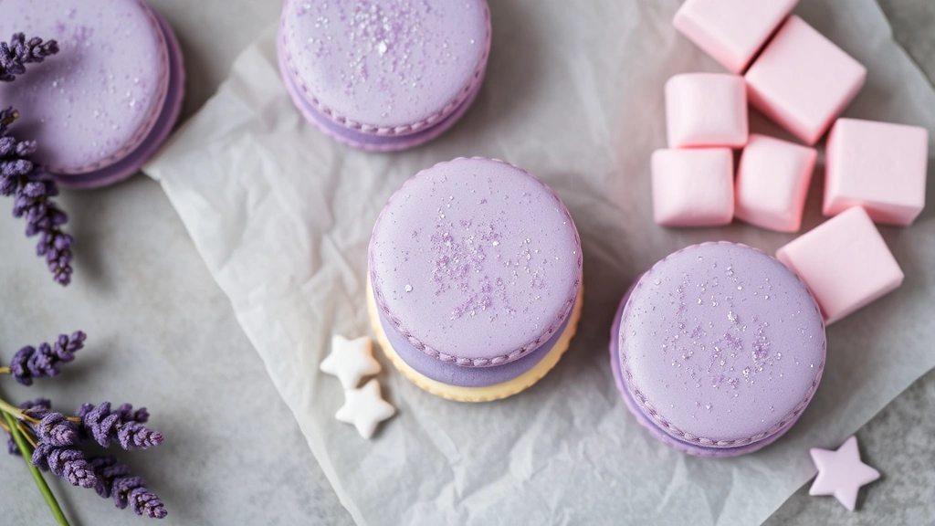 Flat lay of sandwich cookies in purple and cream colors with lavender filling, dusted with edible glitter, alongside pink marshmallow puffs and small star-shaped decorations on parchment paper