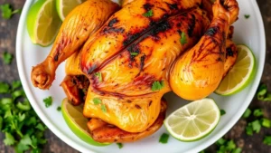 Golden-brown whole roasted chicken with crispy skin and charred edges on a white plate, surrounded by fresh lime wedges and chopped cilantro, photographed from above in natural daylight