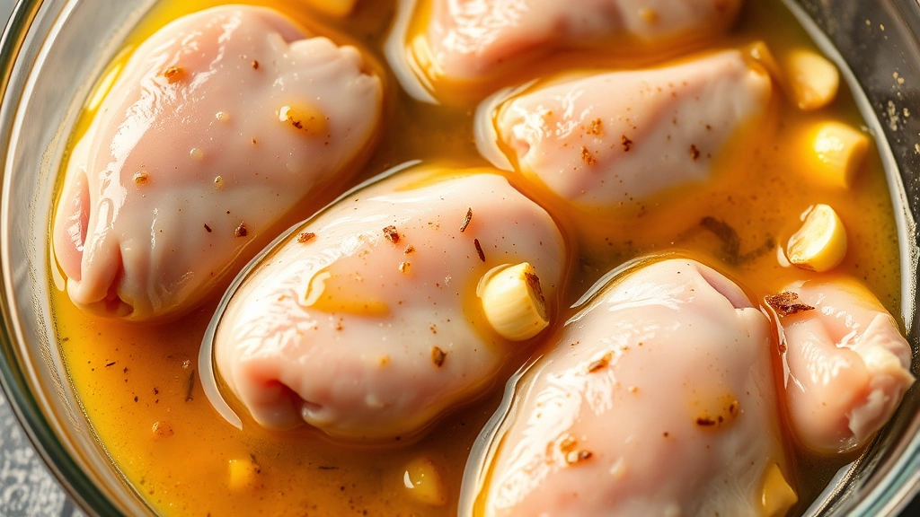Close-up of raw chicken thighs and breasts in a glass bowl covered with vibrant citrus-garlic marinade with visible garlic pieces and spices, professional food photography
