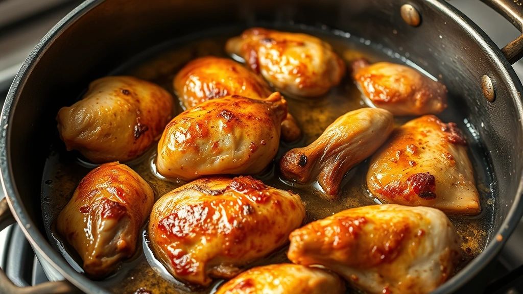 Golden-brown chicken pieces sizzling in olive oil inside a large Dutch oven, skin crisped and glistening, steam rising, professional kitchen lighting