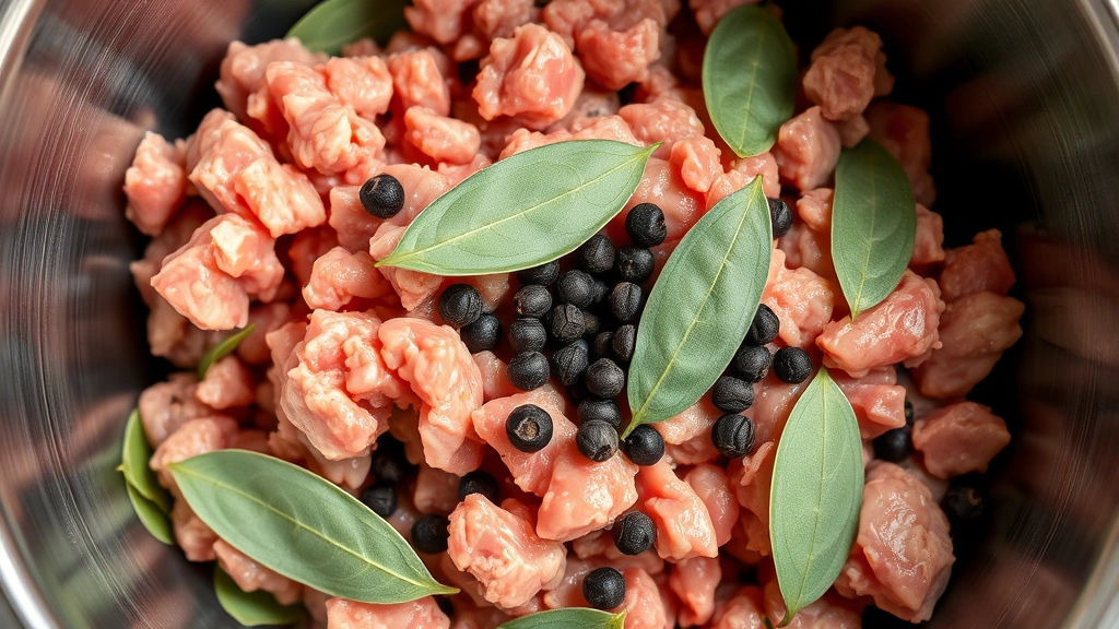 Close-up of raw ground pork mixed with fresh sage leaves and black peppercorns in a stainless steel bowl, showing texture and ingredients clearly, natural lighting from above