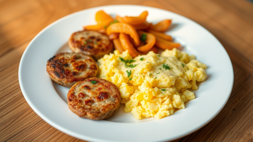 Plated breakfast scene with cooked sausage patties, scrambled eggs, crispy hash browns, and fresh herbs as garnish on a white ceramic plate, warm morning lighting