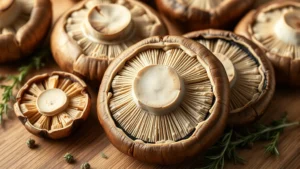Close-up of fresh portobello mushroom caps with gills removed, arranged on a wooden cutting board with fresh herbs like thyme and rosemary scattered around, bright natural lighting highlighting the mushroom's texture