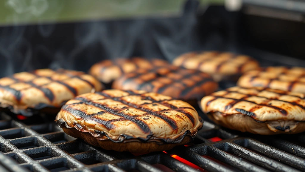 Grilled portobello mushroom caps on a hot grill grate showing beautiful char marks and caramelization, with smoke rising, capturing the sizzling moment of cooking