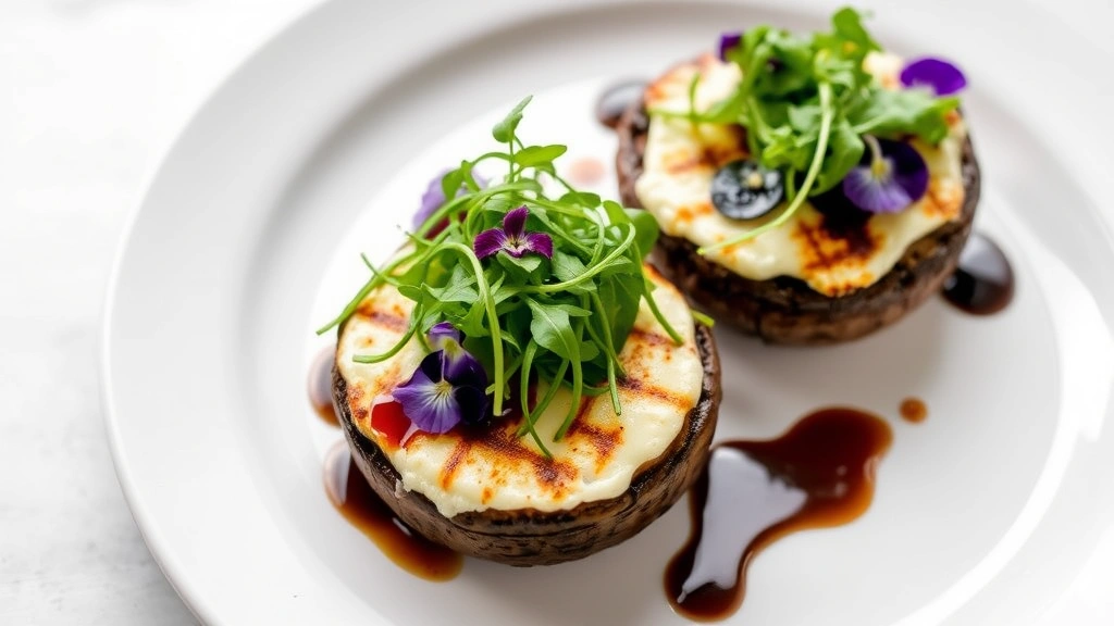 Plated grilled portobello caps topped with melted goat cheese, fresh arugula, and balsamic reduction on a white ceramic plate, garnished with microgreens and edible flowers, professional restaurant-style presentation